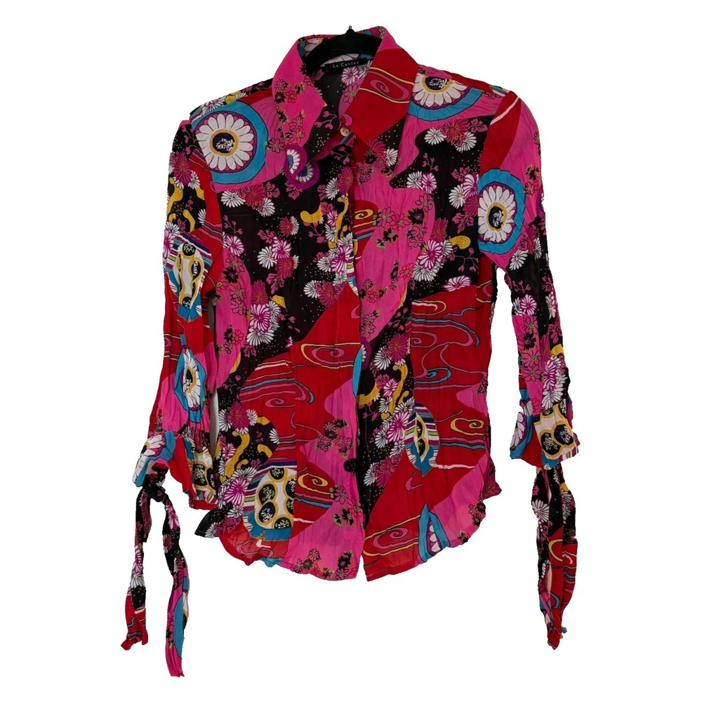 Le Caviar Womens M Red Sheer Floral Bow Sleeve Button Blouse Y2k Preppy Funky